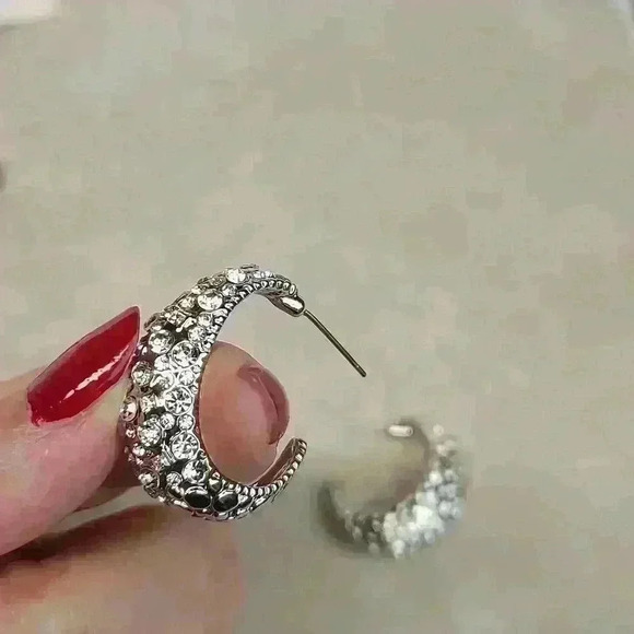 Slivertone rehnistones half moon earrings - Picture 4 of 11